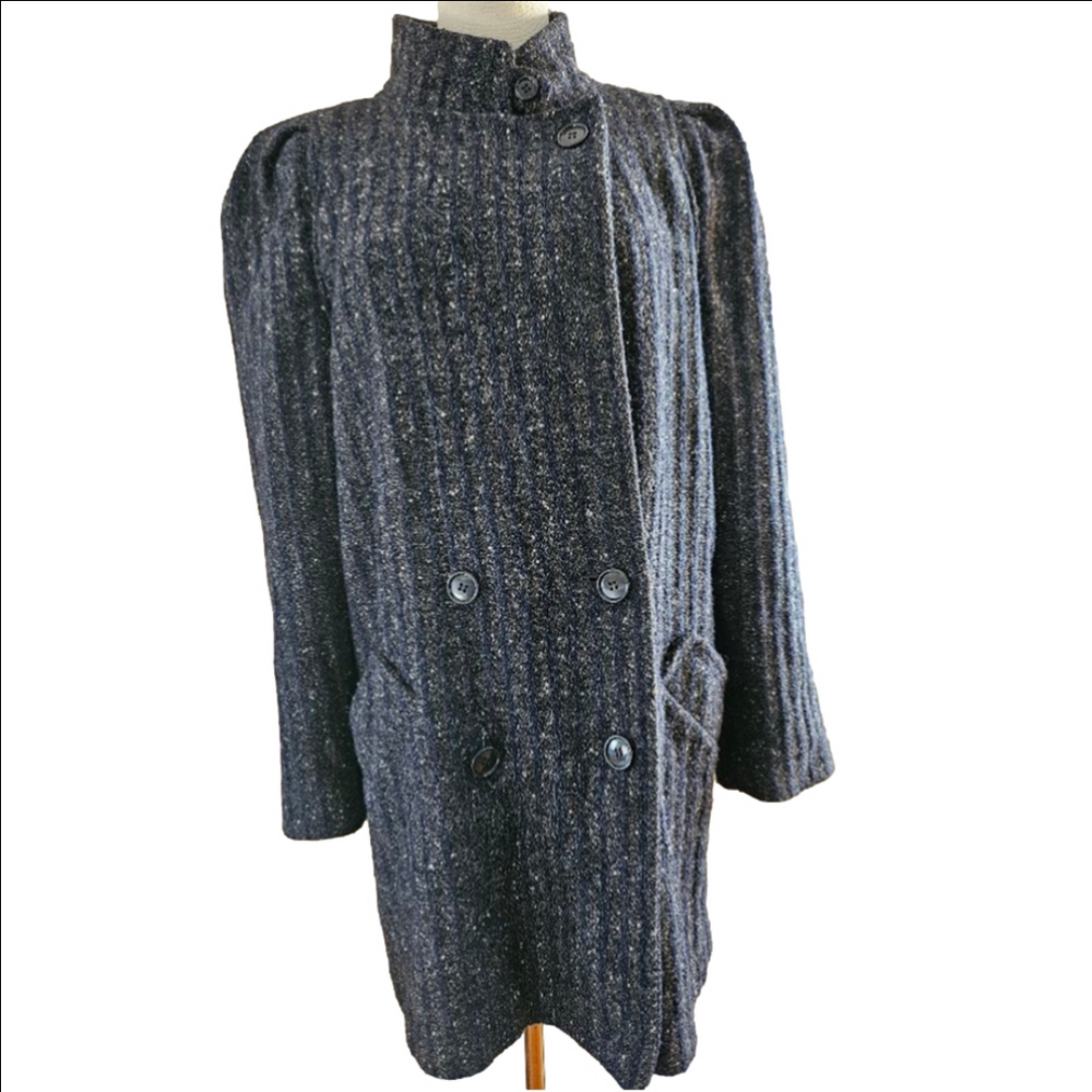 Vintage Wool Tweed Puff Shoulders Button Down Blue Gray Coat